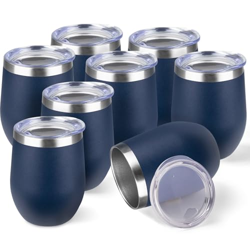 StarSpeed 12oz/8 Pack Wine Tumbler with lid, Stainless Steel Travel Mugs Stemless Double Wall Insulated Coffee Cup, Insulated Wine Glasses Travel Tumbler for Cold & Hot Drinks(Navy Blue, 8)
