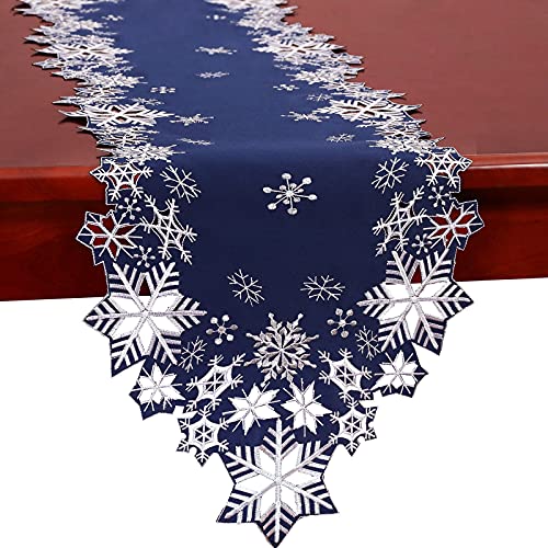 Simhomsen Embroidered Snowflakes Table Runners for Christmas Holiday and Winter (Navy Blue, 14144 inches)