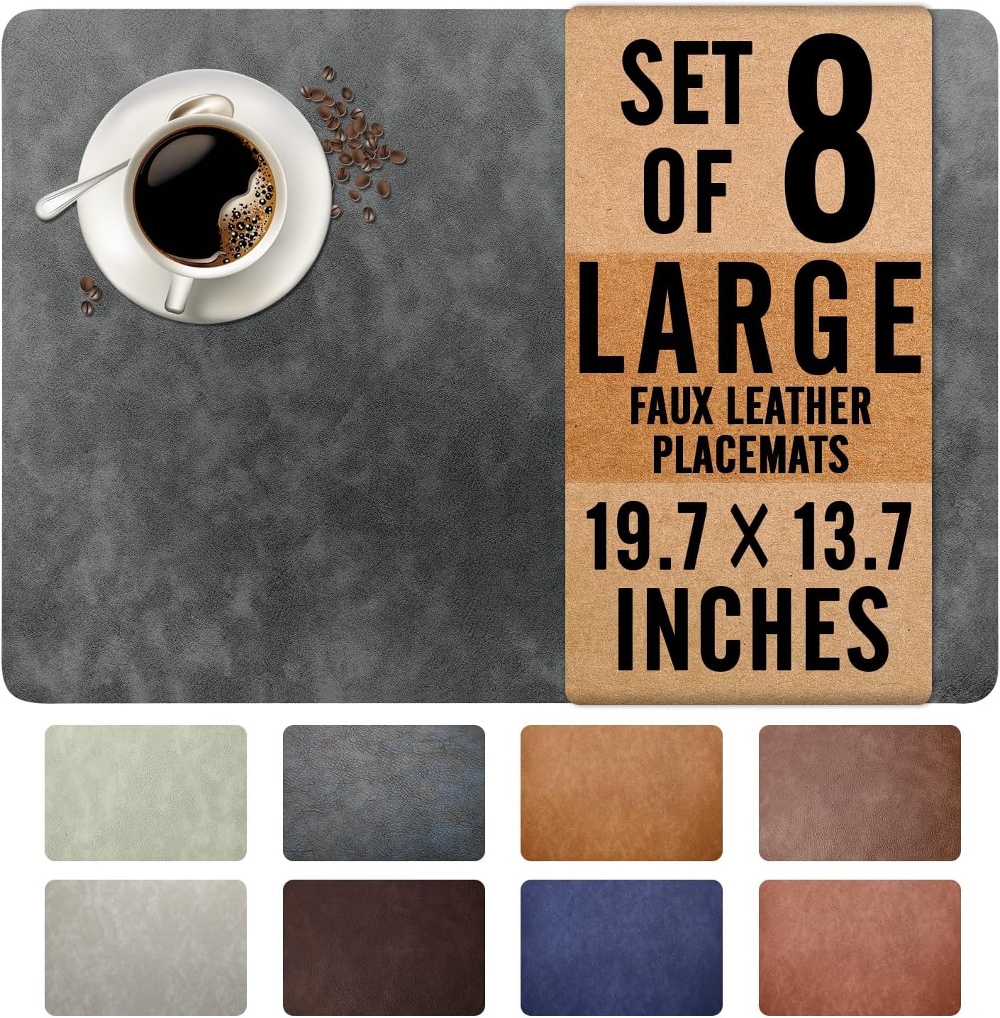 UnivoColors Washed Cowhide Pattern Faux Leather Big Size Placemats Set of 8, Waterproof Easy to Clean Anti-Slip PU Table Mats for Party Decoration19.713.6,Dark Grey Retro Cowhide Pattern