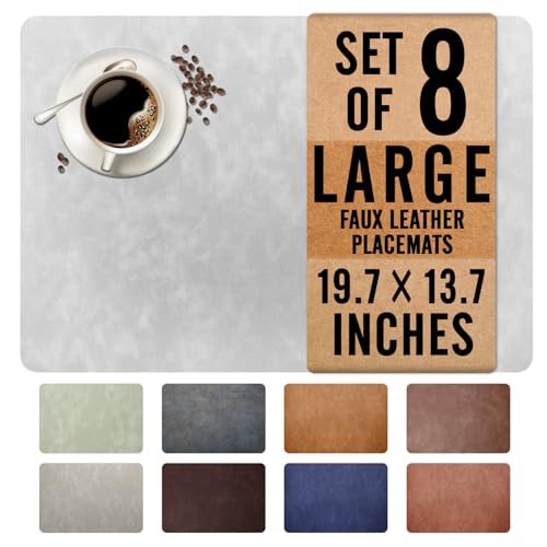 UnivoColors Washed Cowhide Pattern Faux Leather Big Size Placemats Set of 8, Waterproof Easy to Clean Anti-Slip PU Table Mats for Party Decoration19.713.6,Light Grey Retro Cowhide Pattern