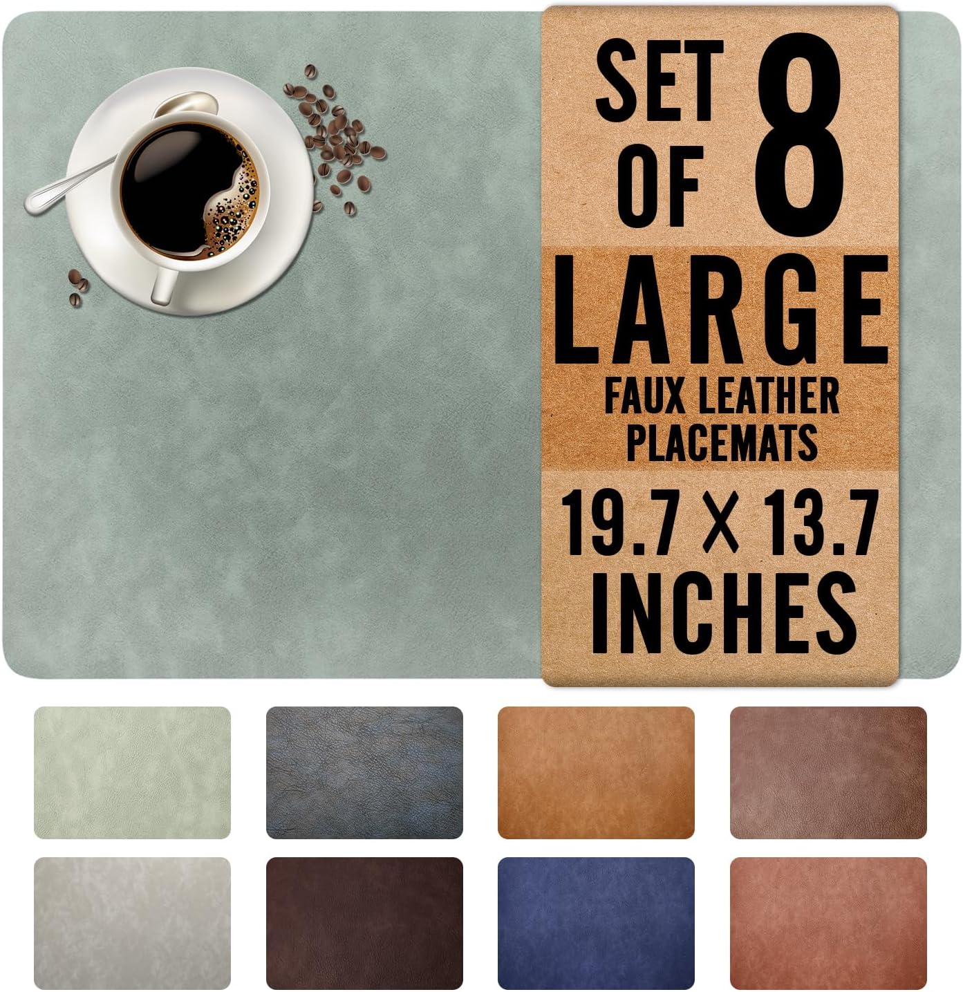 UnivoColors Washed Cowhide Pattern Faux Leather Big Size Placemats Set of 8, Waterproof Easy to Clean Anti-Slip PU Table Mats for Party Decoration19.713.6,Light Green Retro Cowhide Pattern