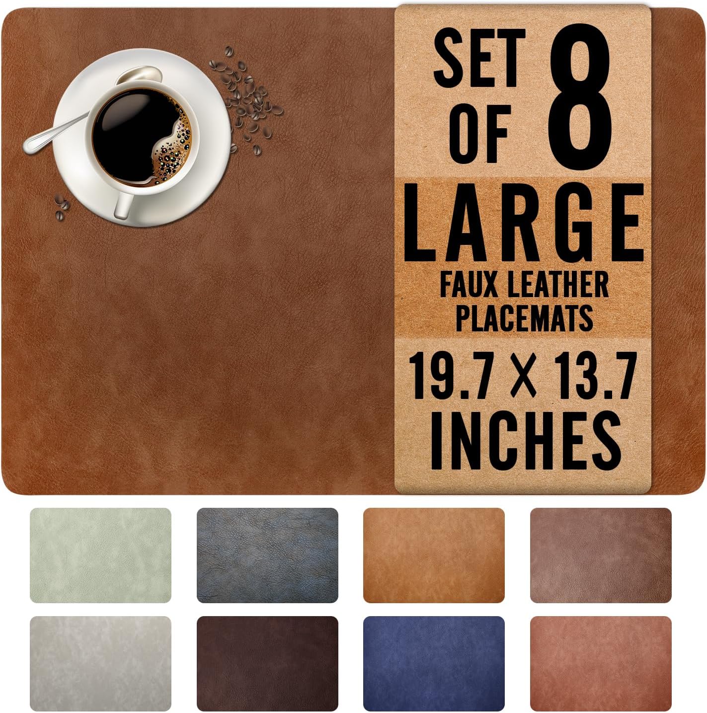 UnivoColors Washed Cowhide Pattern Faux Leather Big Size Placemats Set of 8, Waterproof Easy to Clean Anti-Slip PU Table Mats for Party Decoration19.713.6,Red Brown Retro Cowhide Pattern