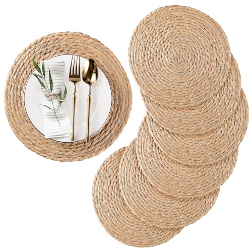 Round Woven Placemats Set of 6, Natural Water Hyacinth Place mats, 13.8 inch Rattan Placemats Wicker Placemats Farmhouse Boho Braided Heat Resistant Outdoor Placemat Patio Table Place Mats