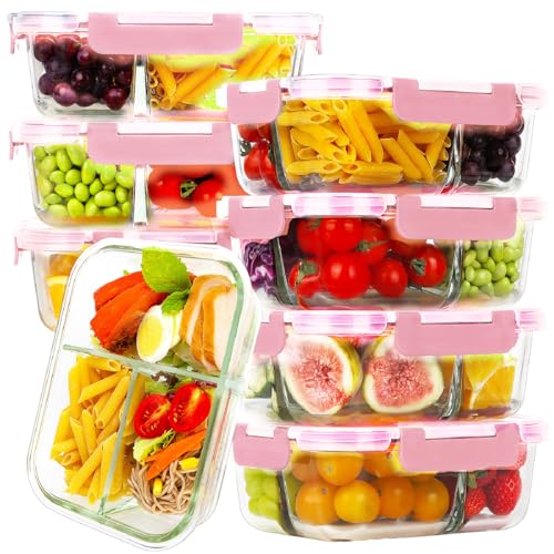 HOMBERKING 8 Pack Glass Meal Prep Containers 3 Compartment, 36oz Glass Food Storage Containers with Lids, Airtight Glass Lunch Bento Boxes, BPA-Free & Leak Proof (8 lids & 8 Containers) - Pink