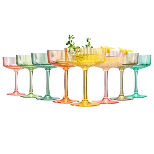 Shatterproof Acrylic Ribbed Vintage Art Deco Martini, Champagne & Cocktail Bright Pastels Color Plastic Tritan Coupe Glasses | Set of 8 | 8 oz Ripple Classic Cocktail Indoor & Outdoor, European Style