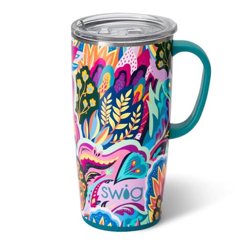 Swig Life 22oz Travel Mug, Insulated Tumbler with Handle and Lid, Cup Holder Friendly, Dishwasher Safe, Stainless Steel, Travel Coffee Cup, Insulated Mug with Lid (Bazaar)