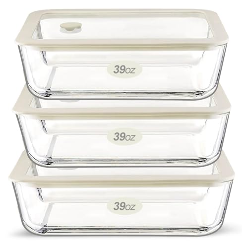 Urban Green Glass Food Container Set with Glass Lid, 3 Pack, Food Storage Containers Set, Airtight, LeakProof, 100% Plastic Free, Meal Prep Containers (White Color)