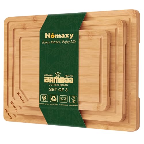 Homaxy Organic Bamboo Cutting Boards Set for Kitchen Set of 3, Wooden Cutting Board Set with Juice Groove and Handles, Charcuterie Serving Tray Wood Chopping Board Set for Meat Fruits & Vegetables