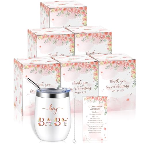 Hoolerry 6 Set Baby Shower Game Prizes for Guests Winners 12 oz Insulated Stainless Steel Tumbler Cup with Lids, Straws, Cleaning Brush, Cards & Boxes Return Gifts(Pink,Floral)