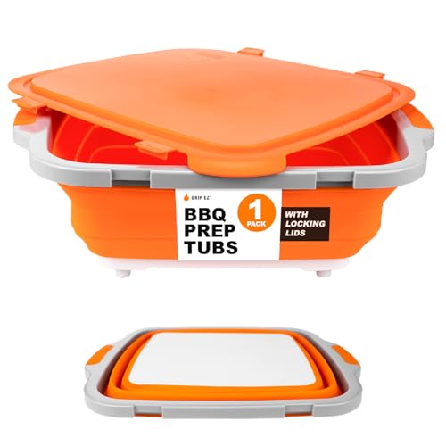 Drip EZ Collapsible BBQ Prep Tub- for Meal Prep Marinating Food Storage - Includes Cutting Board & Locking Lid - (1) OG - Orange