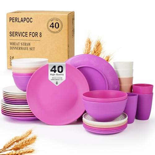 Wheat Straw Dinnerware Sets 40 PCS Bowl and Plate Sets With Cup Dishes Set for 8 Unbreakable Dish Sets Microwave Safe Plates Dinner Bowls Drinking Glasses With 4 Color - Flower Color