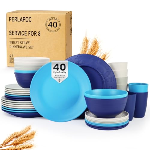 Dinnerware Set 40 PCS Wheat Straw Dishes Set - Service for 8 Unbreakable Plastic Dish Set Microwave Safe Plates and Bowls Sets Lightweight Cups Sets Outdoor Dishes - Island Colors