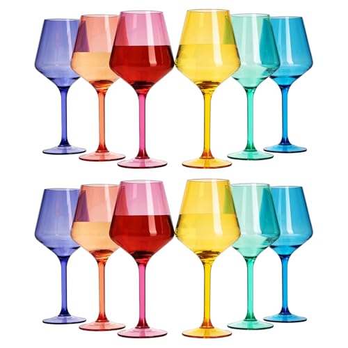 European Style Plastic Crystal Unbreakable Stemmed Wine Glasses | Set of 12 | Acrylic Glasses Tritan Bright Colors Shatterproof BPA-free, Outdoor, Pool, Indoor, Hand Wash 17oz Gift, Everyday & Holiday