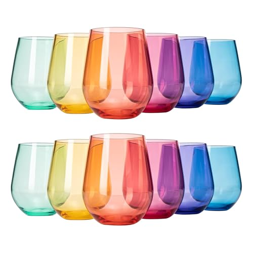 European Style Plastic Crystal Unbreakable Stemless Wine Glasses | Set of 12 | Acrylic Glasses Tritan Bright Color Shatterproof BPA-free, Outdoor, Pool, Indoor, Hand Wash 15oz Gift, Everyday & Holiday