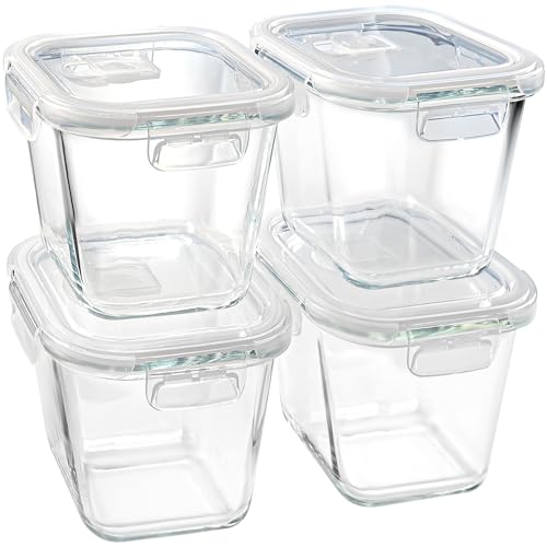 Soup Containers with Lids Glass 32 oz, 4 Cup Borosilicate Glass Food Storage Containers, Microwave & Freezer Safe Jars, Small Square Meal Prep Bowl for Salad, Fruit, Lunch, Ice Cream, Travel, 4 Pack