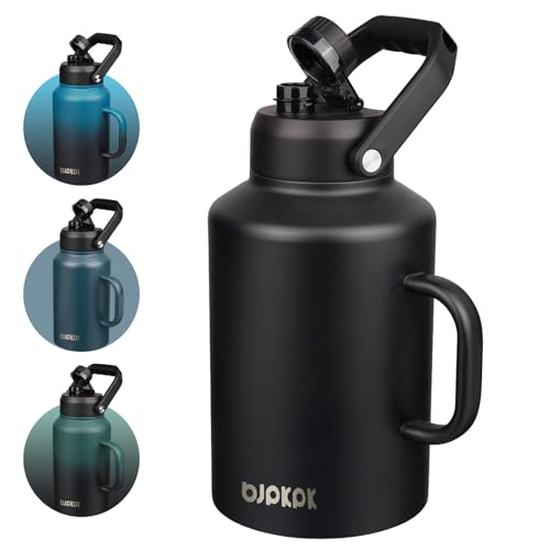BJPKPK 1 Gallon Water Bottle with Handle, Large Dishwasher Safe 128oz Insulated Water Bottle, BPA Free Water Jug, Wide Mouth Metal Water Bottle with Anti-slip Bottom, Keep Cold & Hot,Black