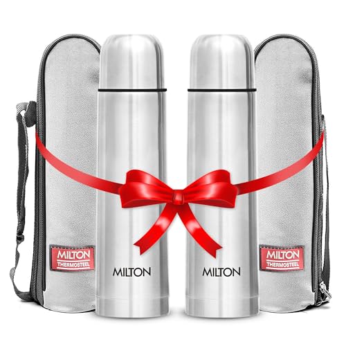 Milton Vacuum Flask for Hot Drink 1 litre (34 oz), Stainless Steel Double Walled Insulated Water Bottle for 24 Hour Hot and Cold drinks with cover, Leak proof, Thermosteel Flip Lid 1000 ml Set of -2