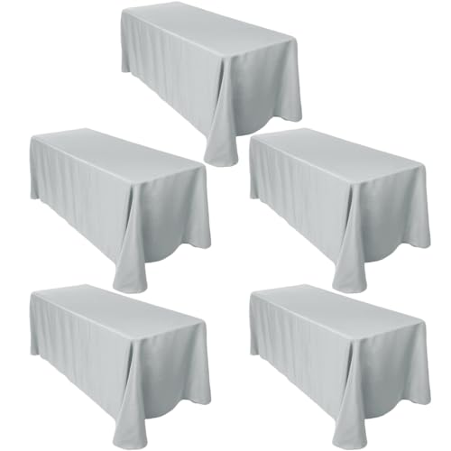 LTC LINENS 5-Pack Rectangular Tablecloths 90 In x 132 In with Rounded Corners - Grey/Silver Table Cloths for 6 ft Rectangle Tables Floor Length - Polyester Fabric Cloth Table Covers for Wedding, Party