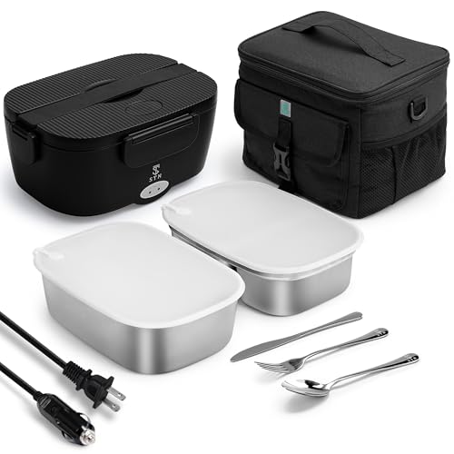 STN Electric Lunch Box 80w Heated Lunchbox For Adults,12/24/110V Warming Lunchbox for Car/Truck/Office with 2x1.5L Stainless Steel Containers,10L Insulated Bags,Big Cutlery Set