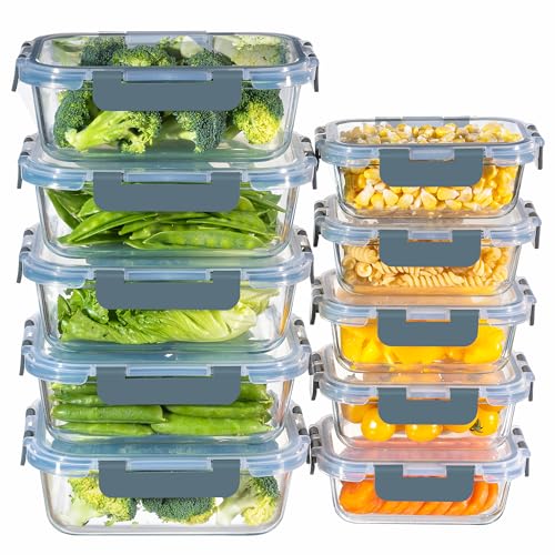 MFY 10-Pack Glass Storage Containers with Lids, Glass Meal Prep Containers Set, Airtight Lunch Containers with Lids, Microwave, Oven, Freezer and Dishwasher Safe, Gray