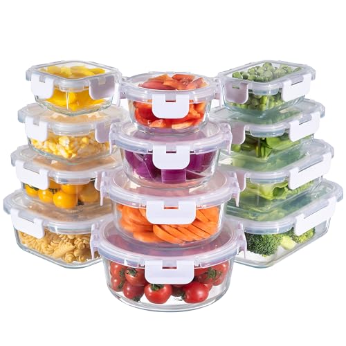 MFY 12-Pack Glass Storage Containers with Lids, Glass Meal Prep Containers Set, Airtight Lunch Containers with Lids, Microwave, Oven, Freezer and Dishwasher Safe, White