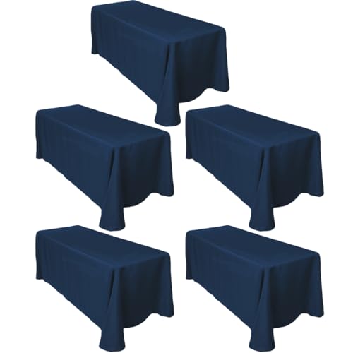 LTC LINENS 5-Pack Rectangular Tablecloths 90 in x 132 in with Rounded Corners - Navy Blue Table Cloths for 6 ft Rectangle Tables Floor Length - Polyester Fabric Cloth Table Covers for Wedding, Party