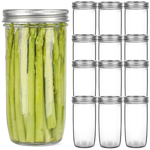 Mason Jars Wide Mouth 24oz, 12 pack Glass Pickle Canning Jars Food Storage With Airtight Mason Jar lids and Bands for Canning, Preserving, Fermenting, Pickling, DIY Projects (12)
