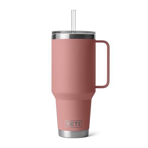 YETI Rambler 42 oz Tumbler with Handle and Straw Lid, Travel Mug Water Tumbler, Vacuum Insulated Cup with Handle, Stainless Steel, Sandstone Pink