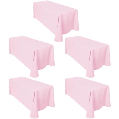 LTC LINENS 5-Pack 90x132 Inch Pink Rectangular Tablecloths - Rounded Corners Table Cloths for 6 ft Tables Floor-Length Drop - Polyester Fabric Cloth Table Covers for Wedding, Baby Shower