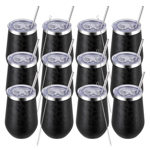 MEWAY 12oz Insulated Wine Tumbler with Press-In Lid, Double Wall Vacuum Stainless Steel Travel Tumbler with Straw,Travel Cup for Coffee, Gift for Woman Under 10 dollars(Black Leopard,Set of 12)