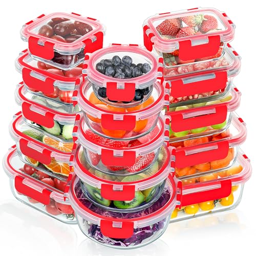 VERONES 30 Pieces Glass Meal Prep Containers Set, Stackable Glass Food Storage Containers with Lids-Airtight Glass Lunch Containers,for Microwave, Oven, Freezer & Dishwasher,Red