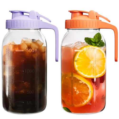 | 2 Pack | 64oz | Glass Mason Jar Pitcher with Lid and Spout, 2 Quart (1.9 Liter) Airtight Glass Water Jug Wide Mouth for Juice, Sun Tea, Iced Coffee, Milk Storage, Purple & Orange