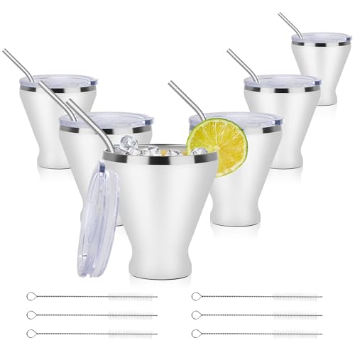 Stainless Steel Martini Glass with Lid, Double Wall Vacuum Insulated Stemless Cocktail Glasses Set of 6, Stay Icy Cold Wine Tumbler with Straw, 8 Oz, White