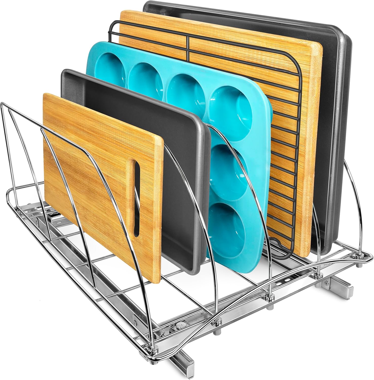 LYNK PROFESSIONAL Pull Out Cutting Board, Cookie Sheet, and Baking Pan Organizer Rack - Lifetime Ltd. Warranty - Slide Out Kitchen Cabinet Organizers  14W x 21D - Pullout Shelf, Extra-Large, Chrome