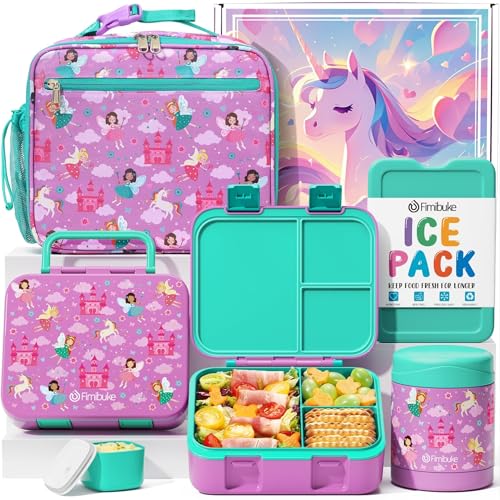 Fimibuke Bento Lunch Box for Kids with Thermos, 32OZ Snack Lunch Container with 3 Compartments, Insulated Lunch Bag, 12OZ Leakproof Food Jar, Ice Pack Set for Age 3-12 Toddler Teen Girls Boys Daycare