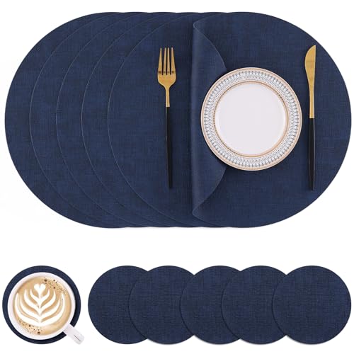 Homaxy Round Faux Leather Placemats & Coasters (Navy Blue)