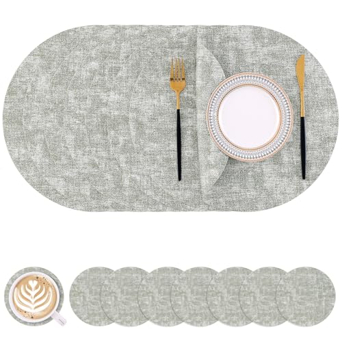 Homaxy Round Faux Leather Placemats and Coasters, Washable Dual-Side Table Mats, Wipeable Heat-Resistant Dining Place Mats for Outdoor and Indoor, Set of 8, Diameter 13 and 3.93 inch, Grass Green