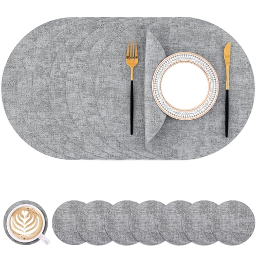 Homaxy Round Faux Leather Placemats and Coasters, Washable Dual-Side Table Mats, Wipeable Heat-Resistant Dining Place Mats for Outdoor and Indoor, Set of 8, Diameter 13 and 3.93 inch, Light Grey