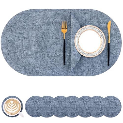 Homaxy Round Faux Leather Placemats & Coasters (Blue)