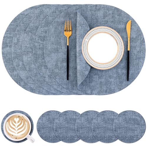 Homaxy Round Faux Leather Placemats and Coasters, Washable Dual-Side Table Mats, Wipeable Heat-Resistant Dining Place Mats for Outdoor and Indoor, Set of 6, Diameter 13 and 3.93 inch, Blue