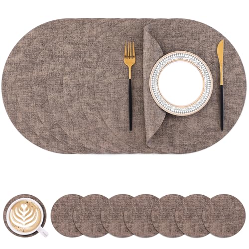 Homaxy Round Faux Leather Placemats & Coasters (Dark Brown)