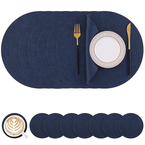 Homaxy Round Faux Leather Placemats and Coasters, Washable Dual-Side Table Mats, Wipeable Heat-Resistant Dining Place Mats for Outdoor and Indoor, Set of 8, Diameter 13 and 3.93 inch, Navy Blue