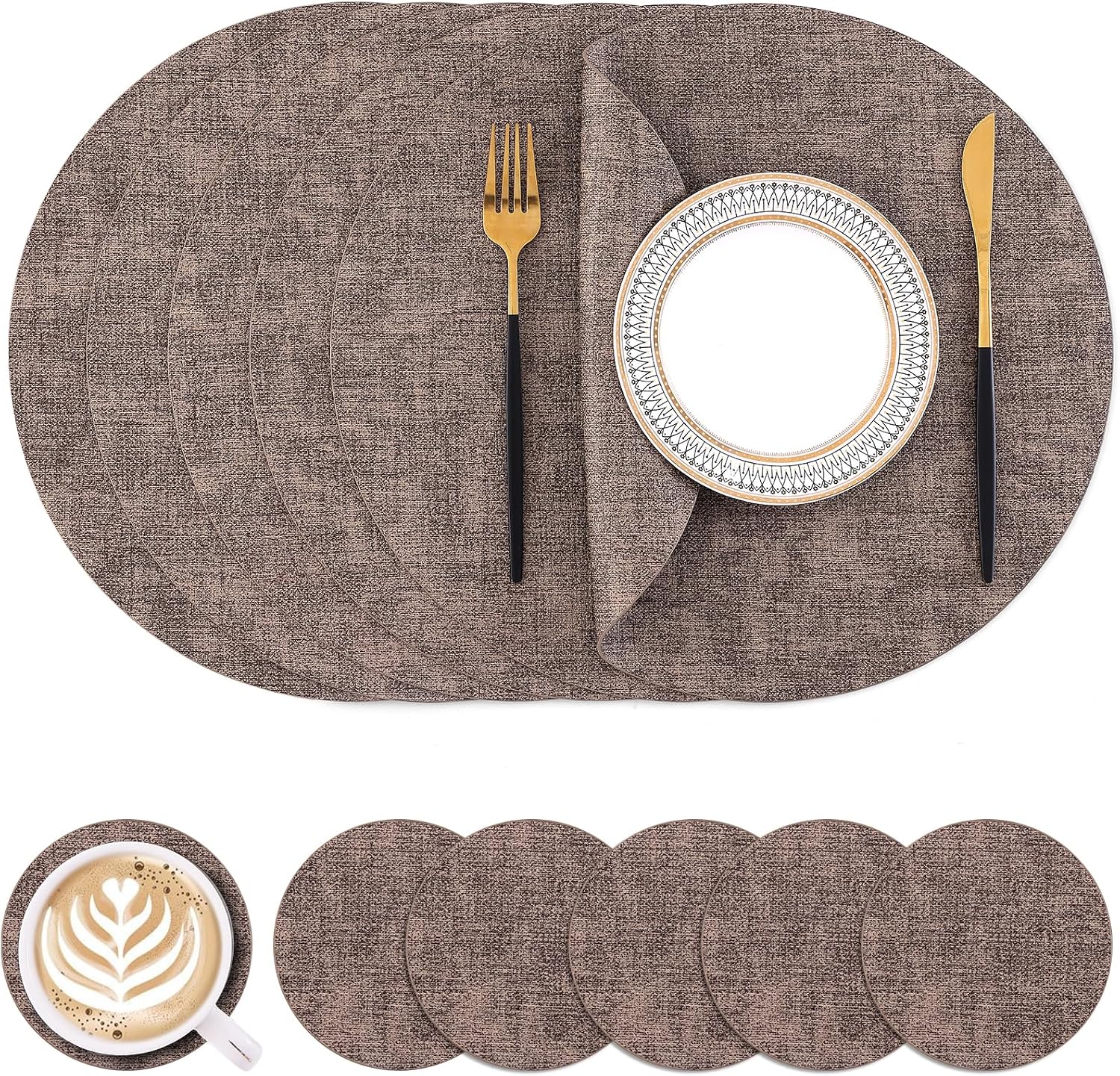 Homaxy Round Faux Leather Placemats and Coasters, Washable Dual-Side Table Mats, Wipeable Heat-Resistant Dining Place Mats for Outdoor and Indoor, Set of 6, Diameter 13 and 3.93 inch, Dark Brown
