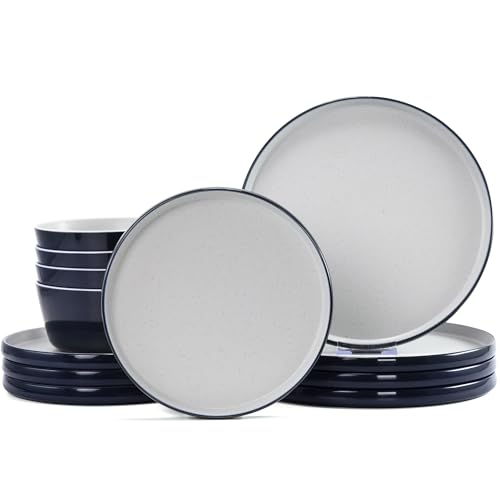 Melamine Dinnerware Sets,Plate and Bowl Set for 4,12 Pcs Dish Set with Lipped Edges,Lightweight and Reusable Dishware Sets for Camping,Dishwasher Safe,Good for Housewarming(Navy Blue,Gray)