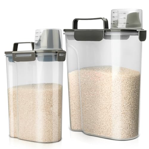 Rice Storage Container, 5 to 10lb Dry Food Airtight Dispenser, Pet Dog Cat Food Canister, BPA Free Clear Plastic Kitchen and Pantry Bin for Oatmeal, Cereal, Pasta, Flour Pack of 2 Grey