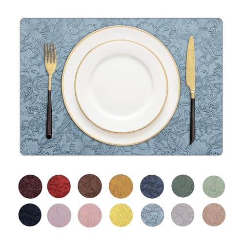 Romanstile Vinyl Placemats Set of 8-12 X 18 Inch - Heat Resistant Non-Slip Embossed Floral Place Mats 100% Waterproof Oilproof Wipeable Faux Leather Table Mats for Kitchen/Dining/Party, SkyBlue