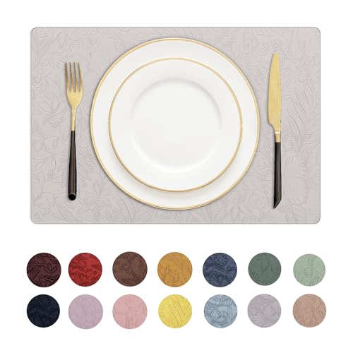 Romanstile Vinyl Placemats Set of 8-12 X 18 Inch - Heat Resistant Non-Slip Embossed Floral Place Mats 100% Waterproof Oilproof Wipeable Faux Leather Table Mats for Kitchen/Dining/Party, LightGrey