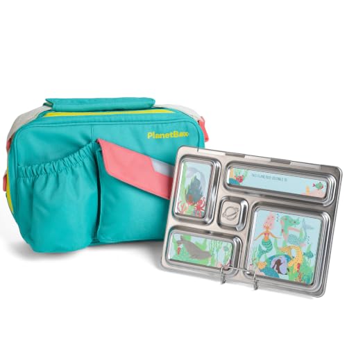 PlanetBox Rover Stainless Steel Bento Box Style Lunch Box Kit for Kids with 5 Compartments, Includes Insulated Lunch Bag, Leakproof Food Containers and Matching Mermaid Lagoon Magnets