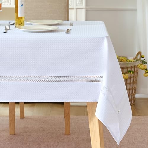 EHouseHome Heavy Duty Waffle Weave Jacquard Fabric Tablecloth with White Lace,Waterproof and Stain-Resistant Tablecloth for Dinning,Party,Holiday,Wedding,Rectangle,60x144Inch,White