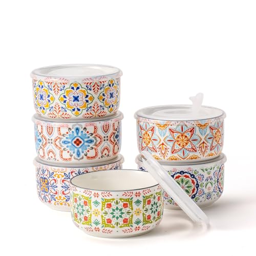Ceramic Bowl with Lid: Microwave Safe Soup Containers Set of 6 for Meal Prep, Cereal, Salad, Picnic, Camping, Office Lunch, Kitchen Food Storage - 5 Inch, 20 oz, Design B